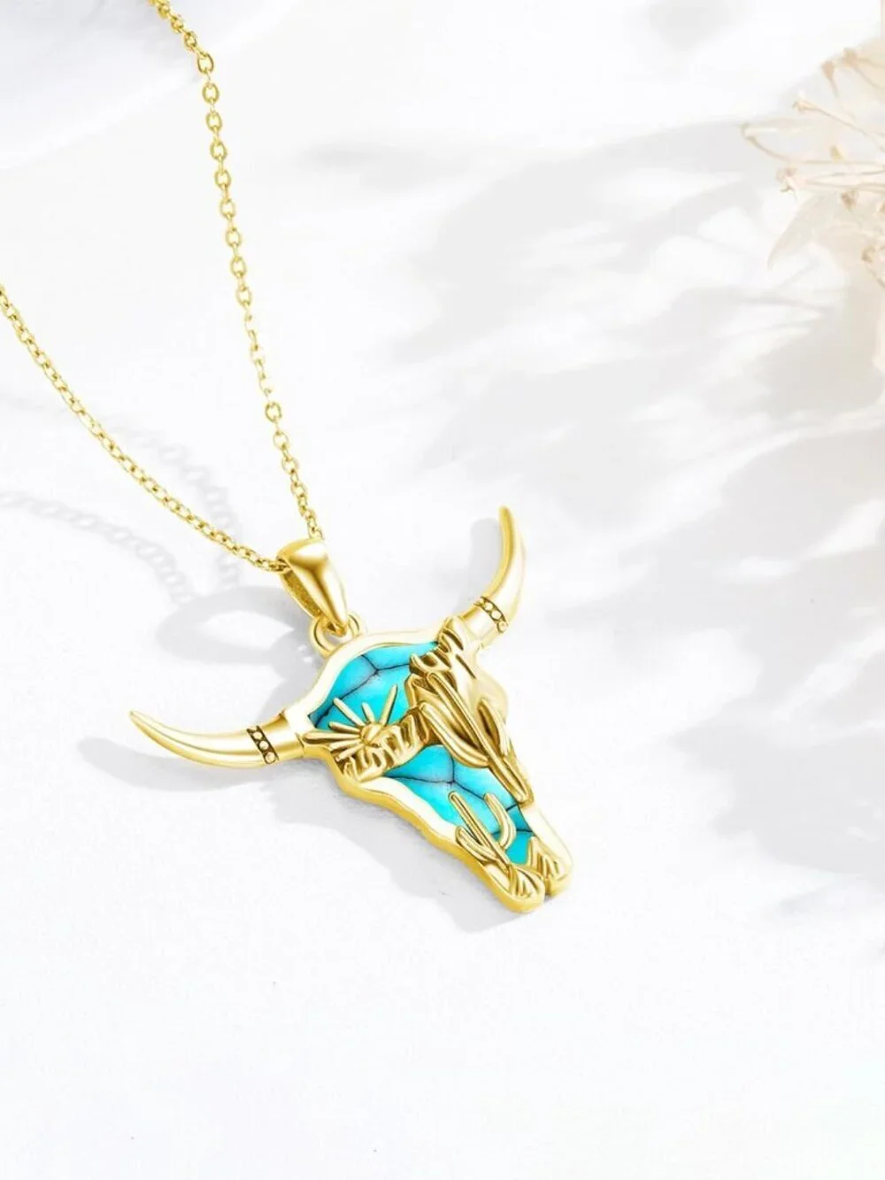 Women's Gold A Sterling Turquoise Pendant Highland Cow Skull Western Necklace